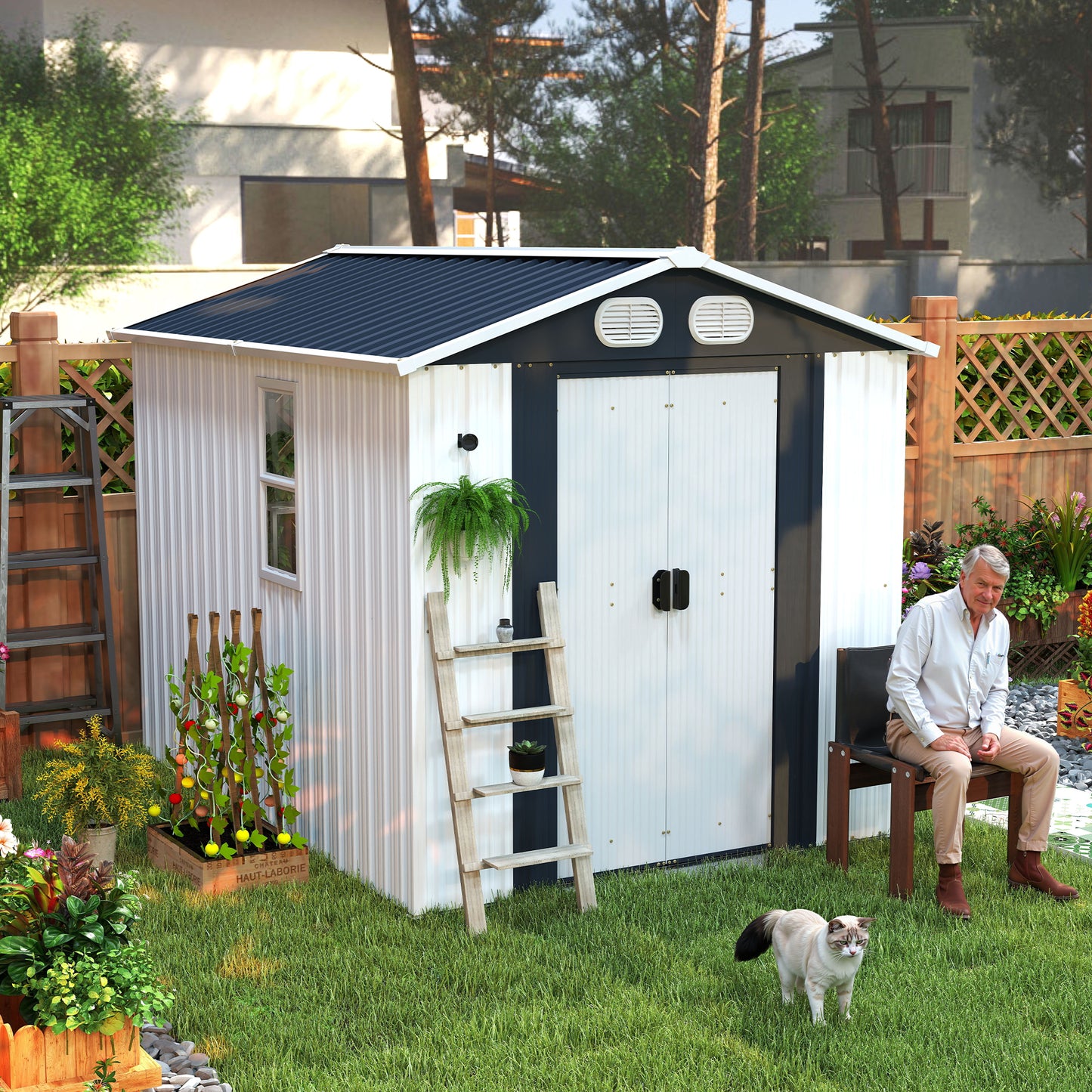 Campcraft 8x6 FT Outdoor Storage Shed, Metal Tool shed & Outdoor Storage with Lockable Doors & Air Vents, for Backyard Garden Patio, White