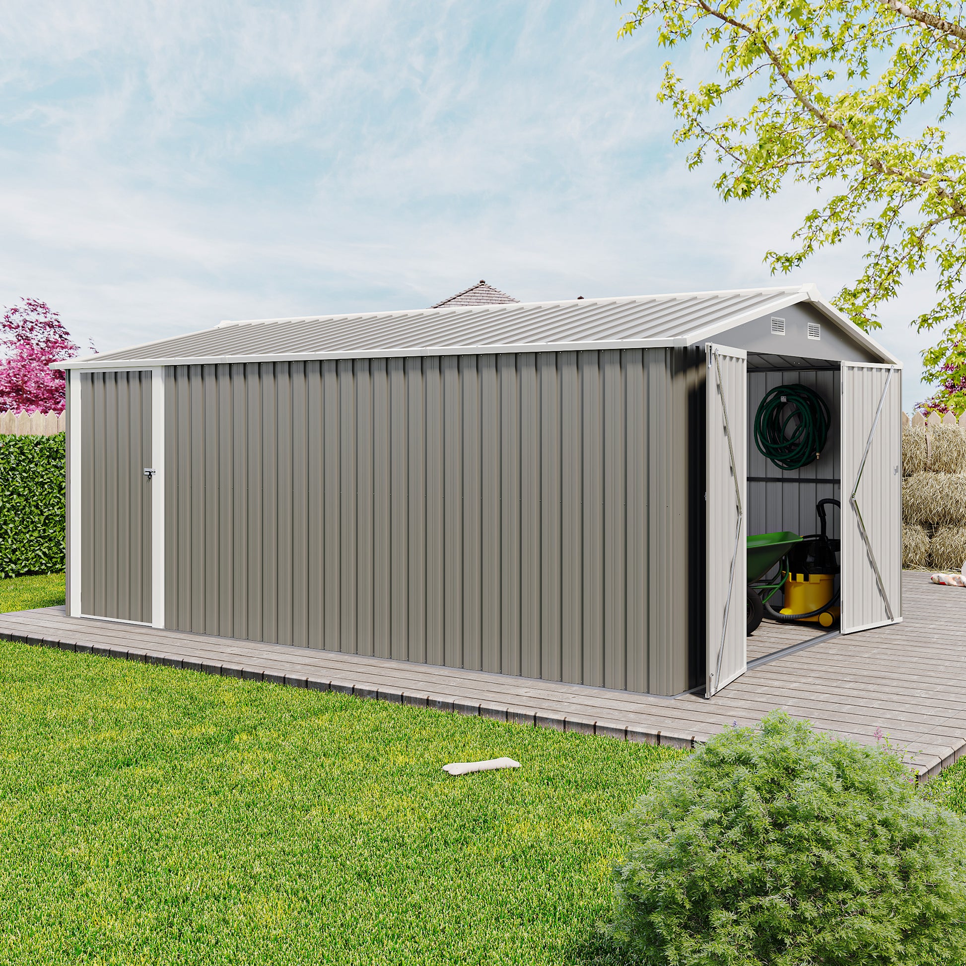 Campcraft  Outdoor Storage Shed 10×14 FT with 3 Lockable Doors,4 Air Vents & Sloped Roof,Utility Tool Shed Metal Storage Garden Sheds  Frame and 4 Vents,for Backyard,Patio,Lawn,Light Grey
