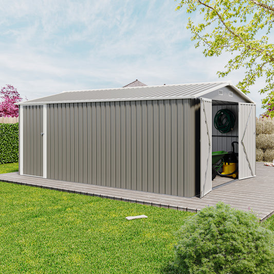 Campcraft  Outdoor Storage Shed 10×14 FT with 3 Lockable Doors,4 Air Vents & Sloped Roof,Utility Tool Shed Metal Storage Garden Sheds  Frame and 4 Vents,for Backyard,Patio,Lawn,Light Grey