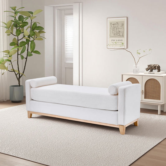 66.34 inches Beige Sherpa Fleece Upholstered Bench / Daybed / Ottoman with  Solid Wood Legs and 2 Bolster Pillows, Ideal for Bed End, Bedroom, Living Room, Entryway