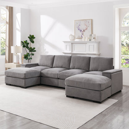 122"L Sectional Sofa with Storage, Corduroy Gray Couch & 2 Ottomans for Living Room