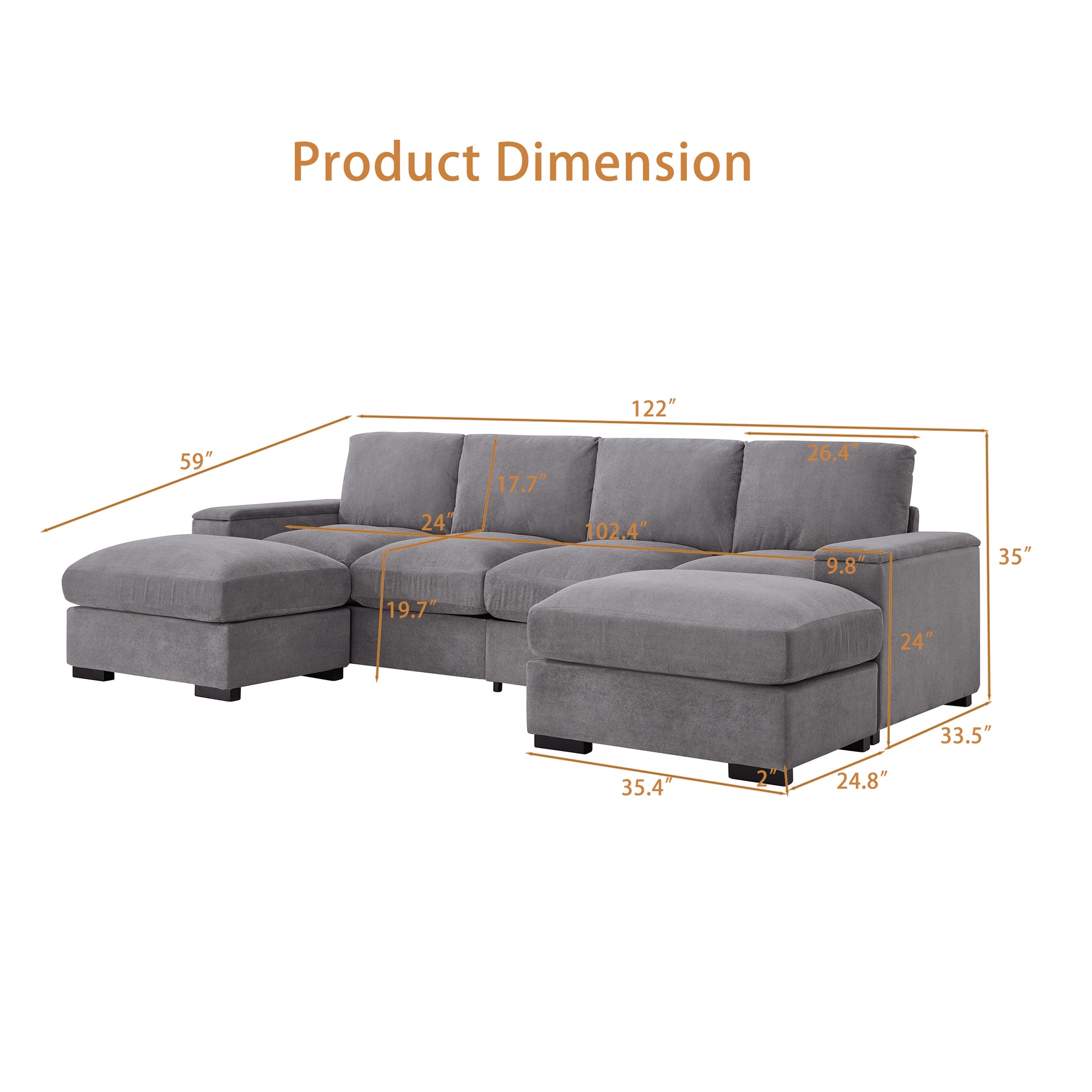 122"L Sectional Sofa with Storage, Corduroy Gray Couch & 2 Ottomans for Living Room