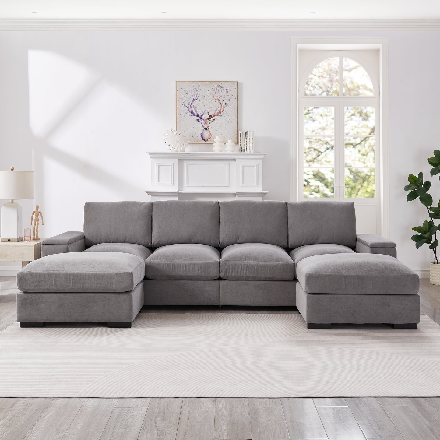 122"L Sectional Sofa with Storage, Corduroy Gray Couch & 2 Ottomans for Living Room