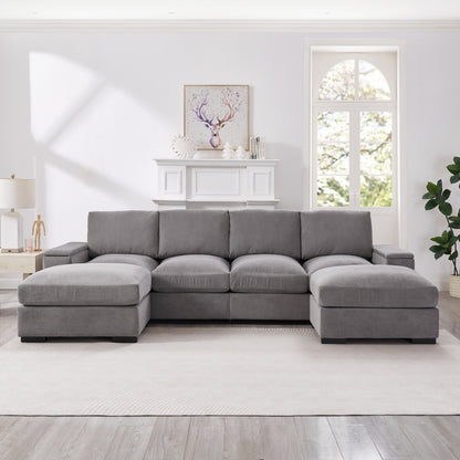 122"L Sectional Sofa with Storage, Corduroy Gray Couch & 2 Ottomans for Living Room