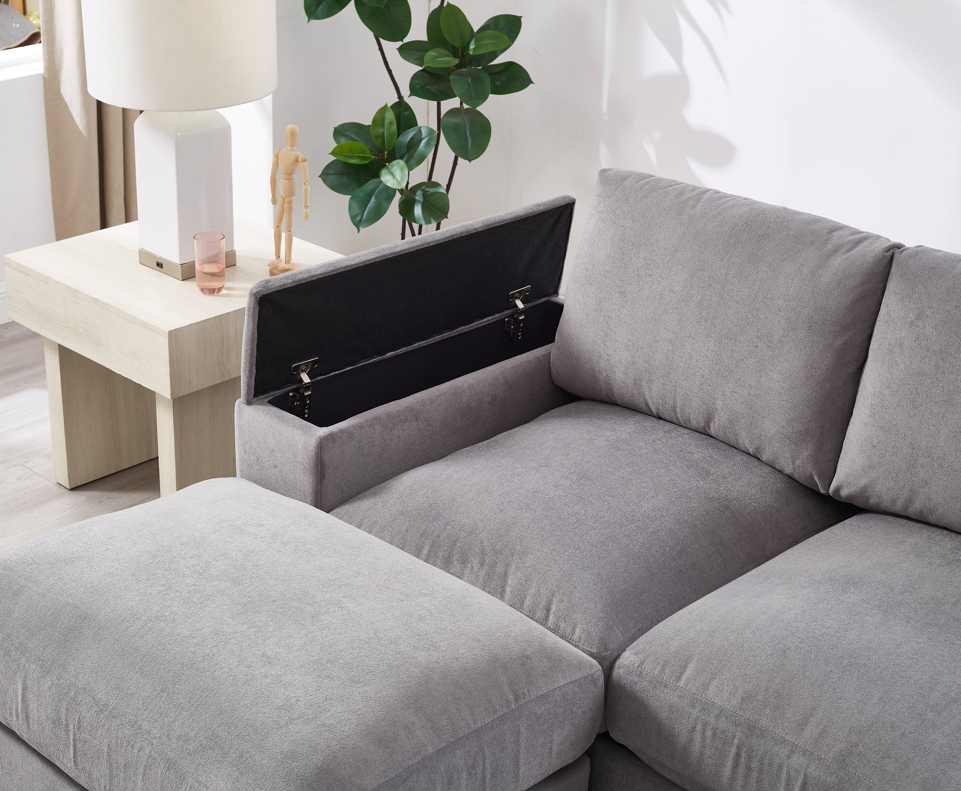 122"L Sectional Sofa with Storage, Corduroy Gray Couch & 2 Ottomans for Living Room