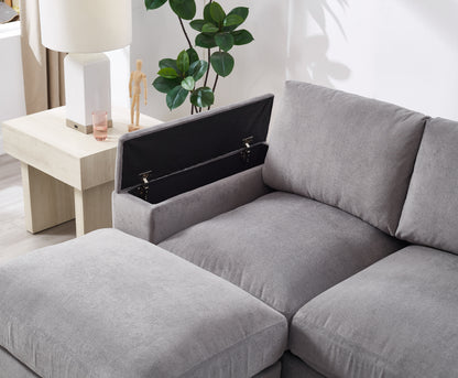 122"L Sectional Sofa with Storage, Corduroy Gray Couch & 2 Ottomans for Living Room