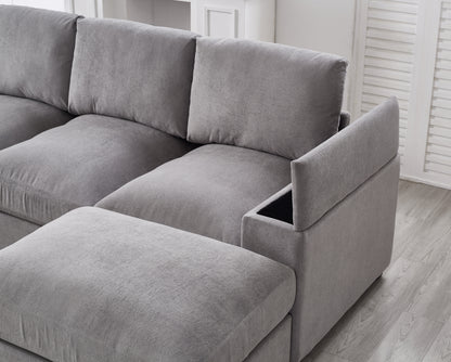 122"L Sectional Sofa with Storage, Corduroy Gray Couch & 2 Ottomans for Living Room