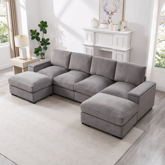 122"L Sectional Sofa Deep Seat Sofa Couch with Ottomans, Corduroy Sofa Sleeper  for Living Room, Apartment, Office,Modern, Small Space, Easy Assembly (4-Seat & 2-Ottoman,GRAY)