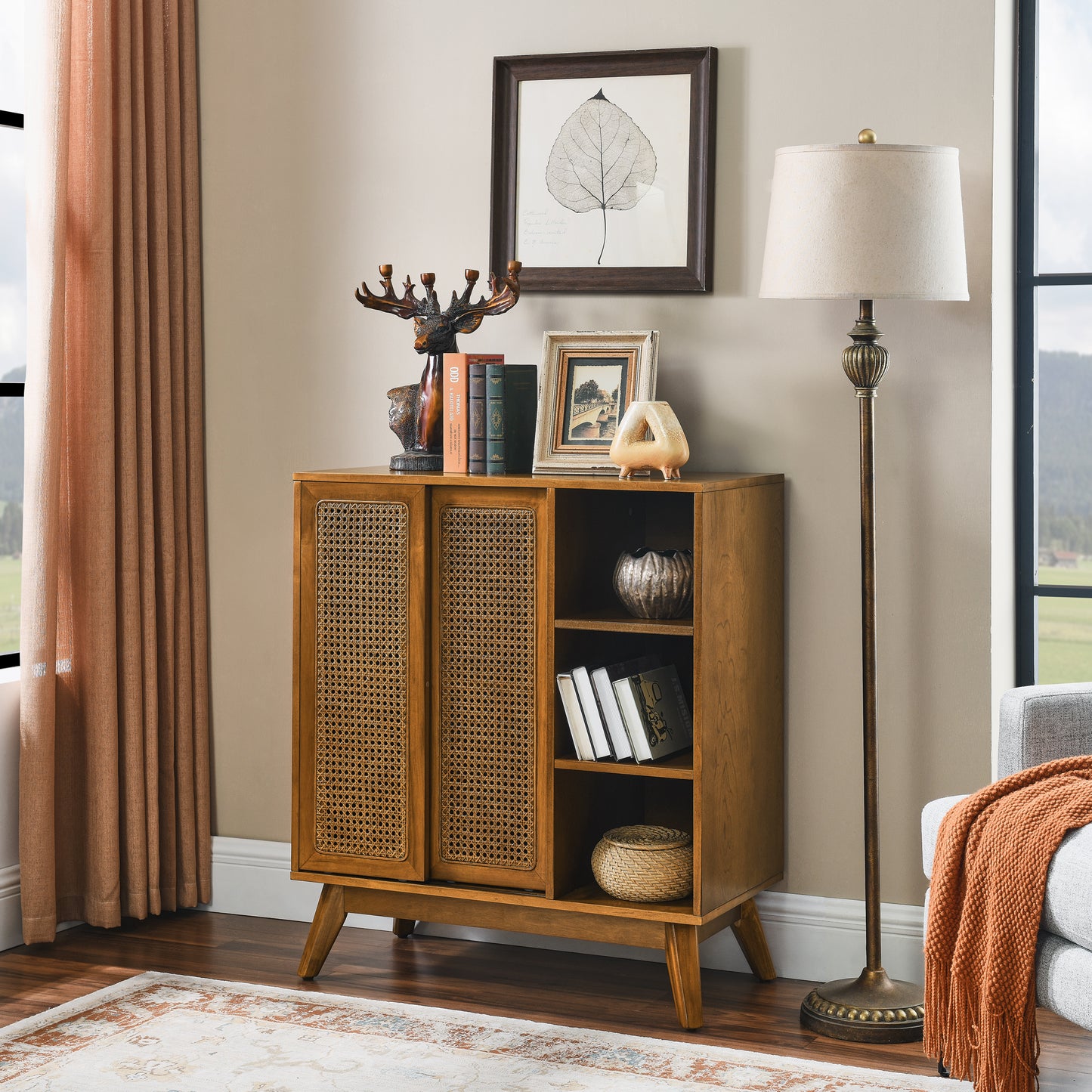 Mid Century Rattan Sideboard - Walnut Buffet for Dining & Entryway for Dining Room