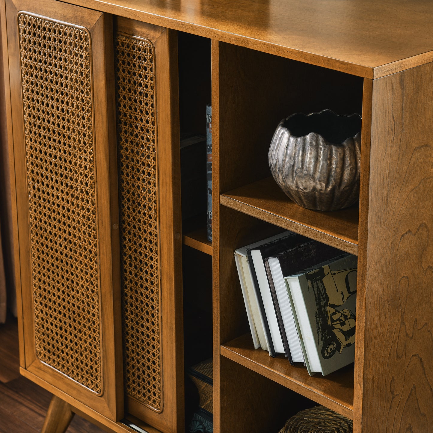 Mid Century Rattan Sideboard - Walnut Buffet for Dining & Entryway for Dining Room