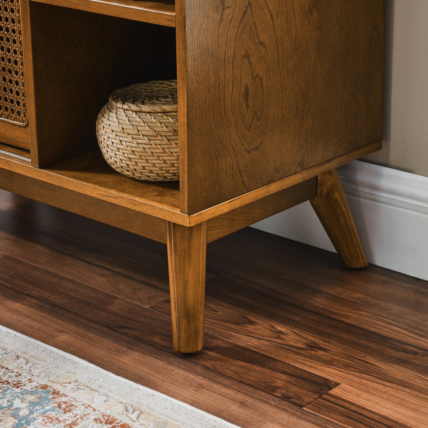 Mid Century Rattan Sideboard - Walnut Buffet for Dining & Entryway for Dining Room