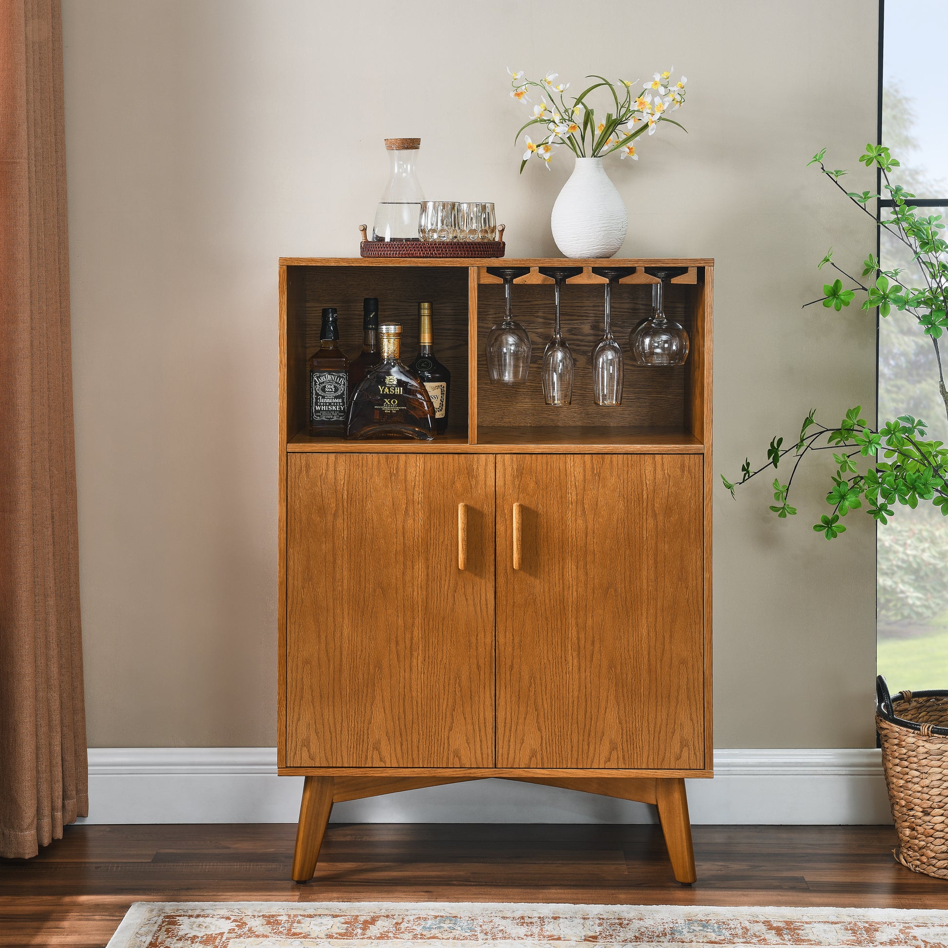 31.5" Liquor Cabinet with Wine Glass Holder & Wine Rack & Adjustable Shelf, Wine Cabinet, Kitchen Coffee Bar Cabinet, Rustic Sideboard Buffet  Cabinet with storage for Home Farmhouse Dining Room