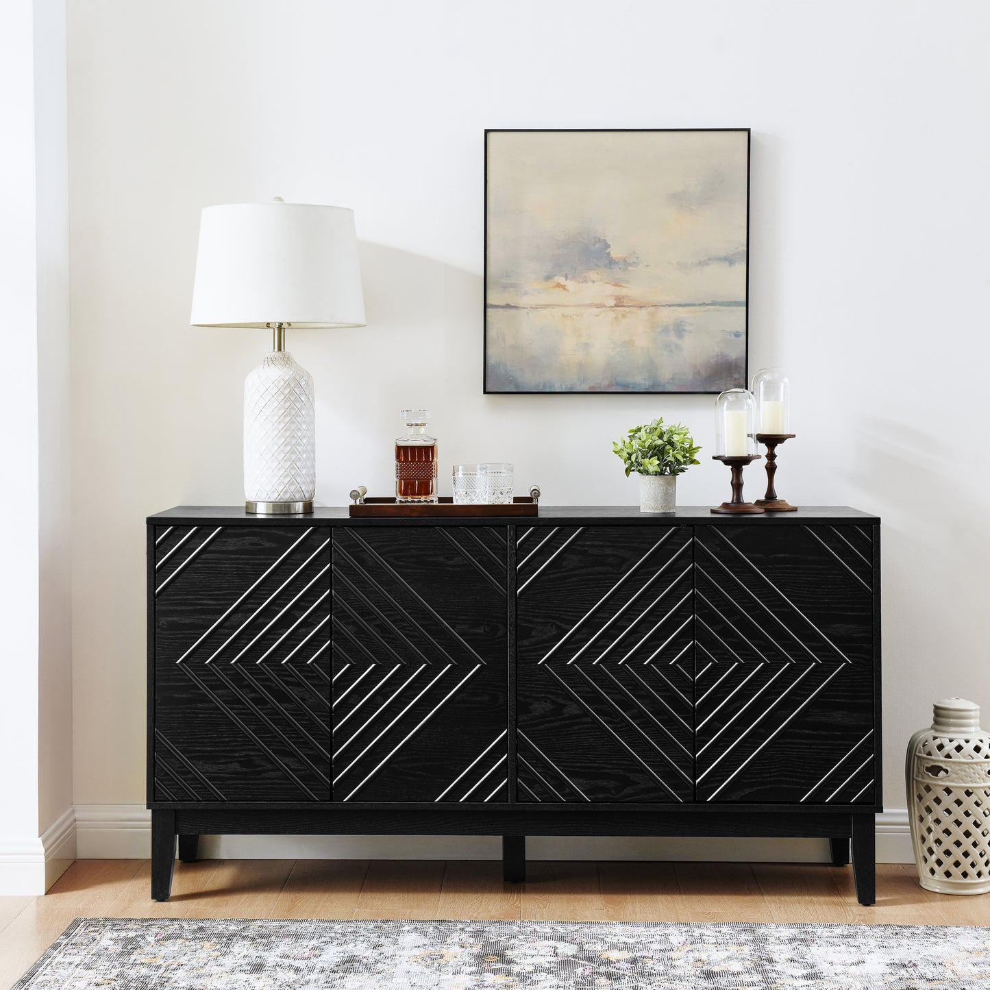 60.5'' Buffet Cabinet with Storage, Farmhouse Fluted Sideboard with Geometric Pattern & Adjustable Shelves, Mid Century Modern TV Stand for Living Room Kitchen Dining Room Entryway, Black