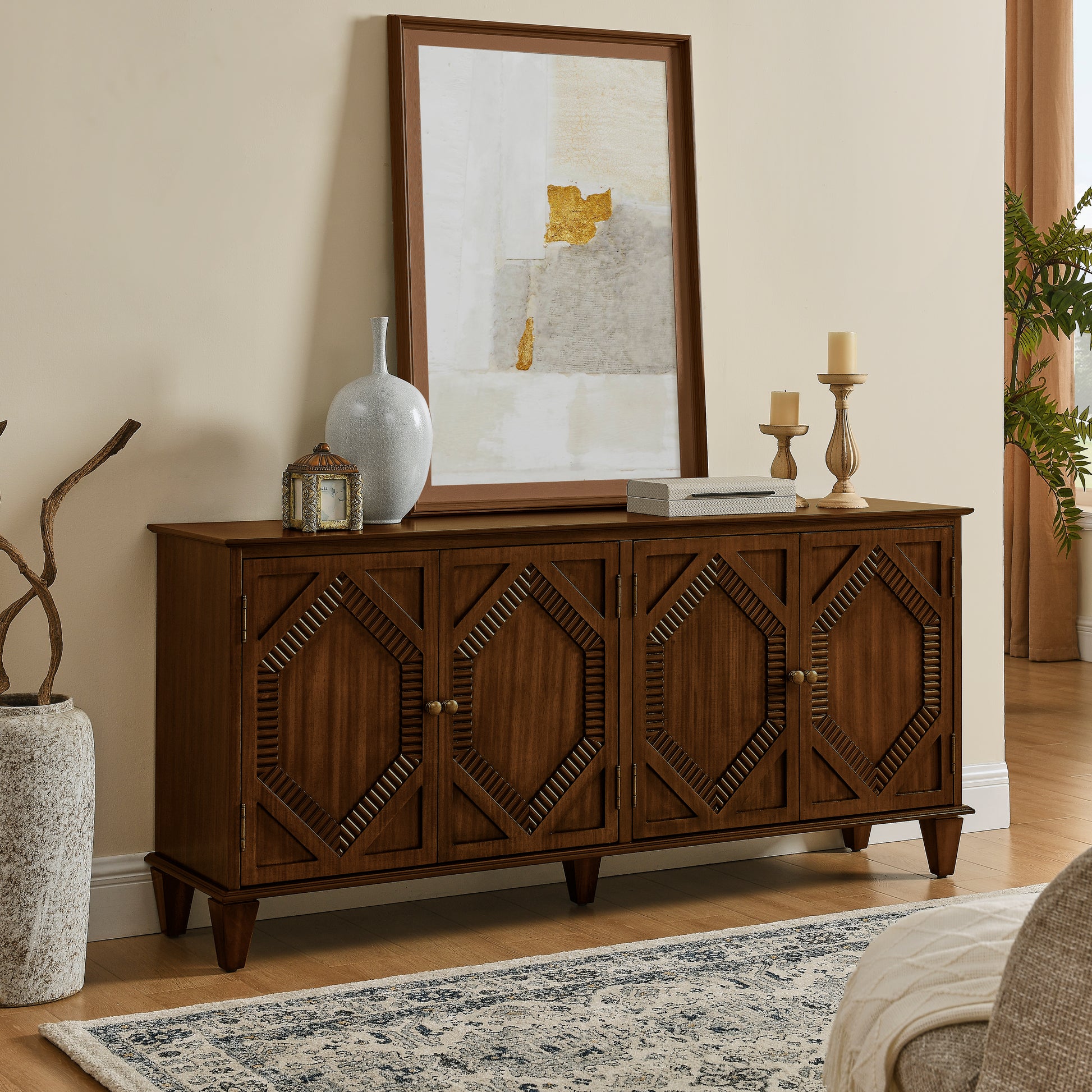 65.2" Mid Century Modern Sideboard Buffet Cabinet with Storage, Symmetrical Geometric Accent Coffee Bar Wine Bar Storage Cabinet, Large Console Table for Living Room/Entryway/Kitchen, Walnut