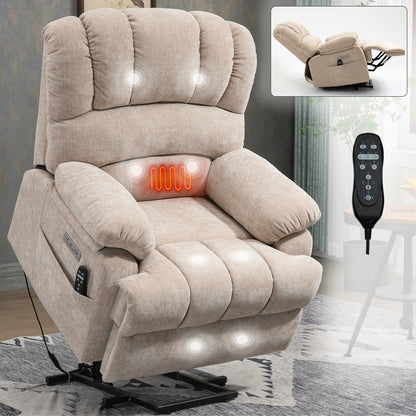 Large Beige Chenille Power Lift Recliner - 23" Seat for Living Room