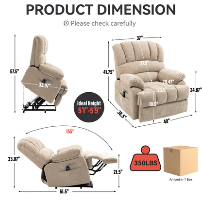 Large Beige Chenille Power Lift Recliner - 23" Seat for Living Room
