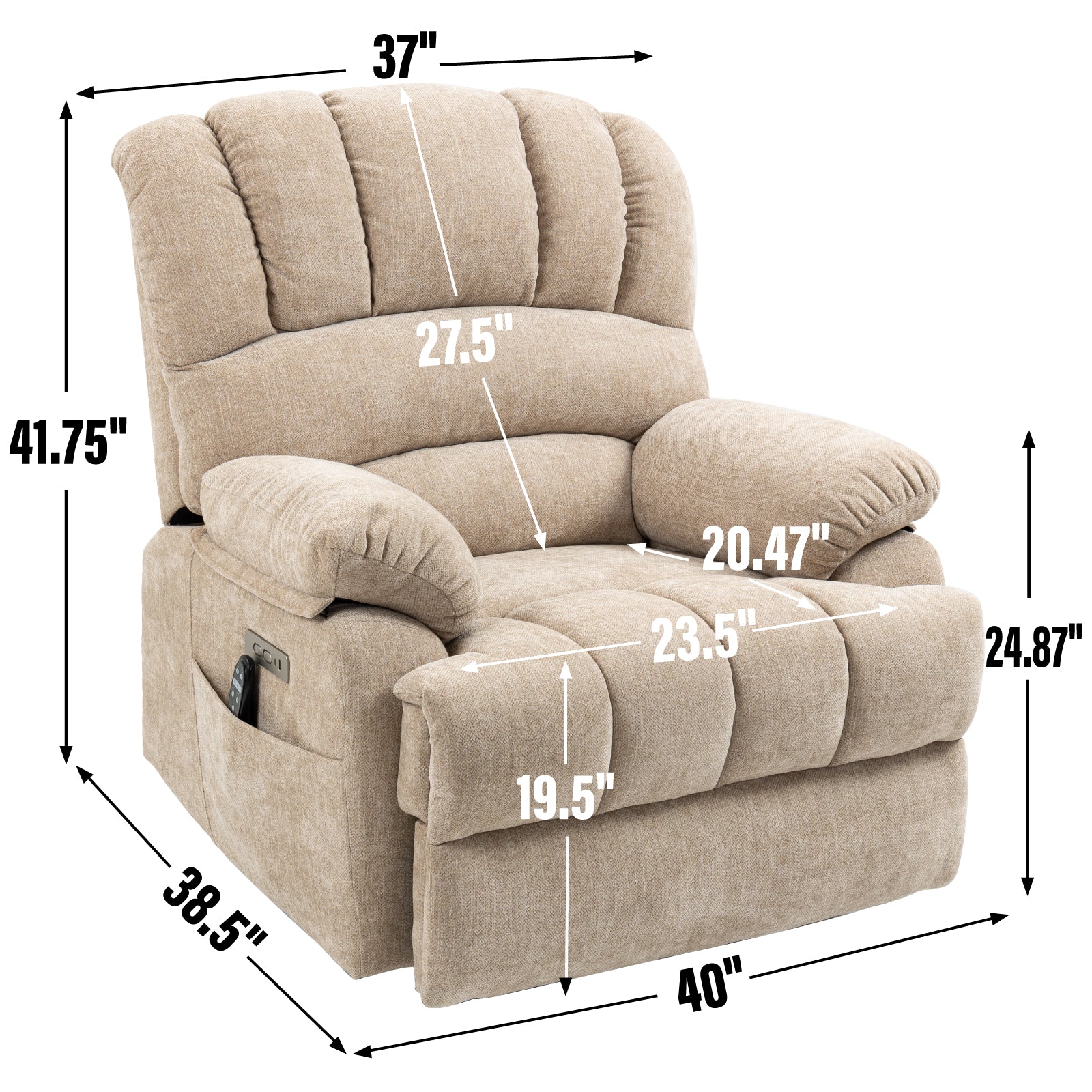 Large Beige Chenille Power Lift Recliner - 23" Seat for Living Room