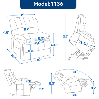 Large Beige Chenille Power Lift Recliner - 23" Seat for Living Room