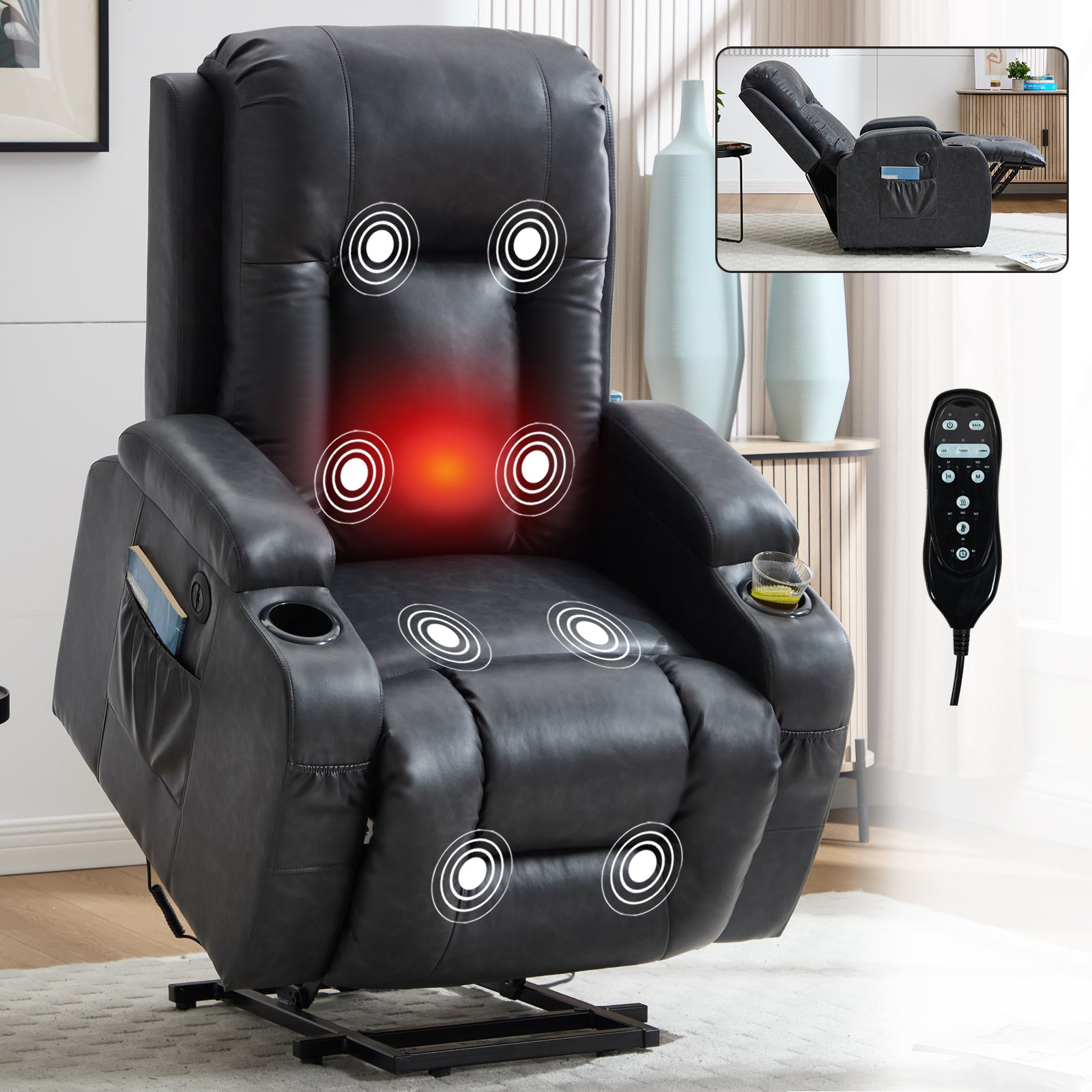 Dark Grey PU lInfinite Position Up to 350 LBS Power Lift Recliner Chair for Elderly, Heavy Duty Motion Mechanism with 8-Point Vibration Massage and Lumbar Heating, USB Charging Port, Cup Holders