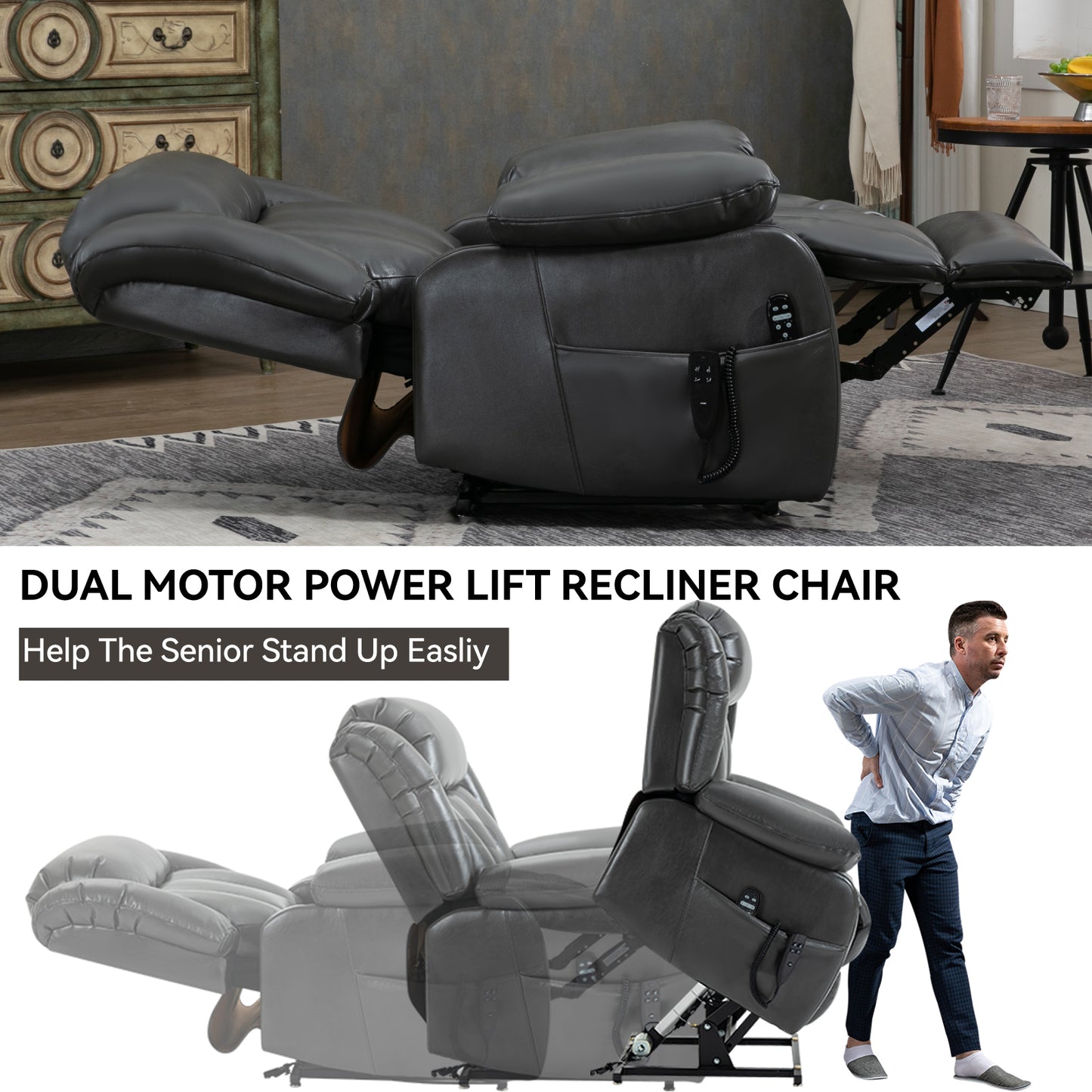 Grey Power Lift Recliner: Massage & Heat Comfort