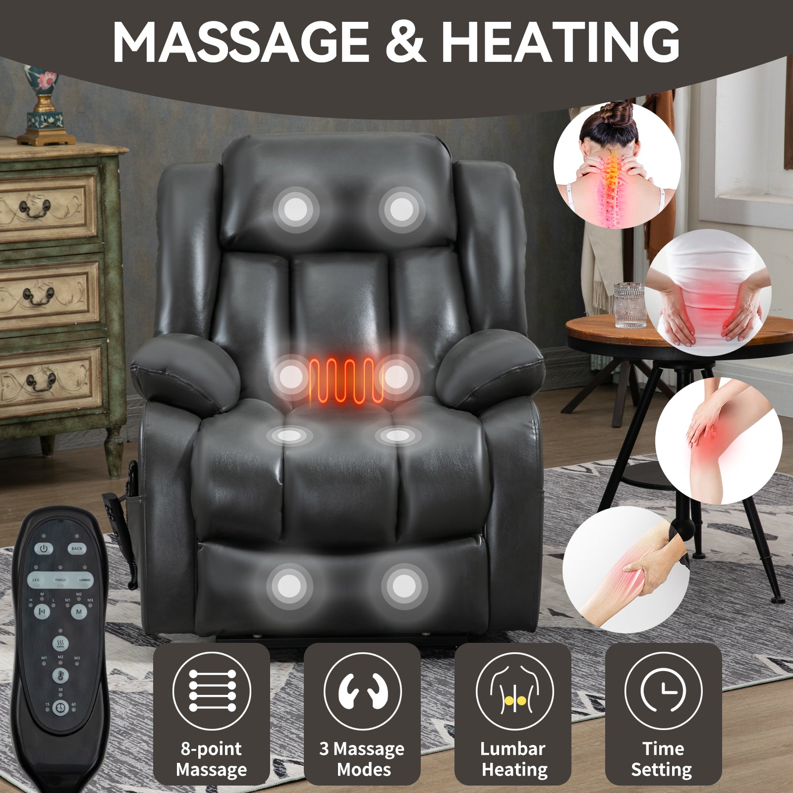 Grey Power Lift Recliner: Massage & Heat Comfort