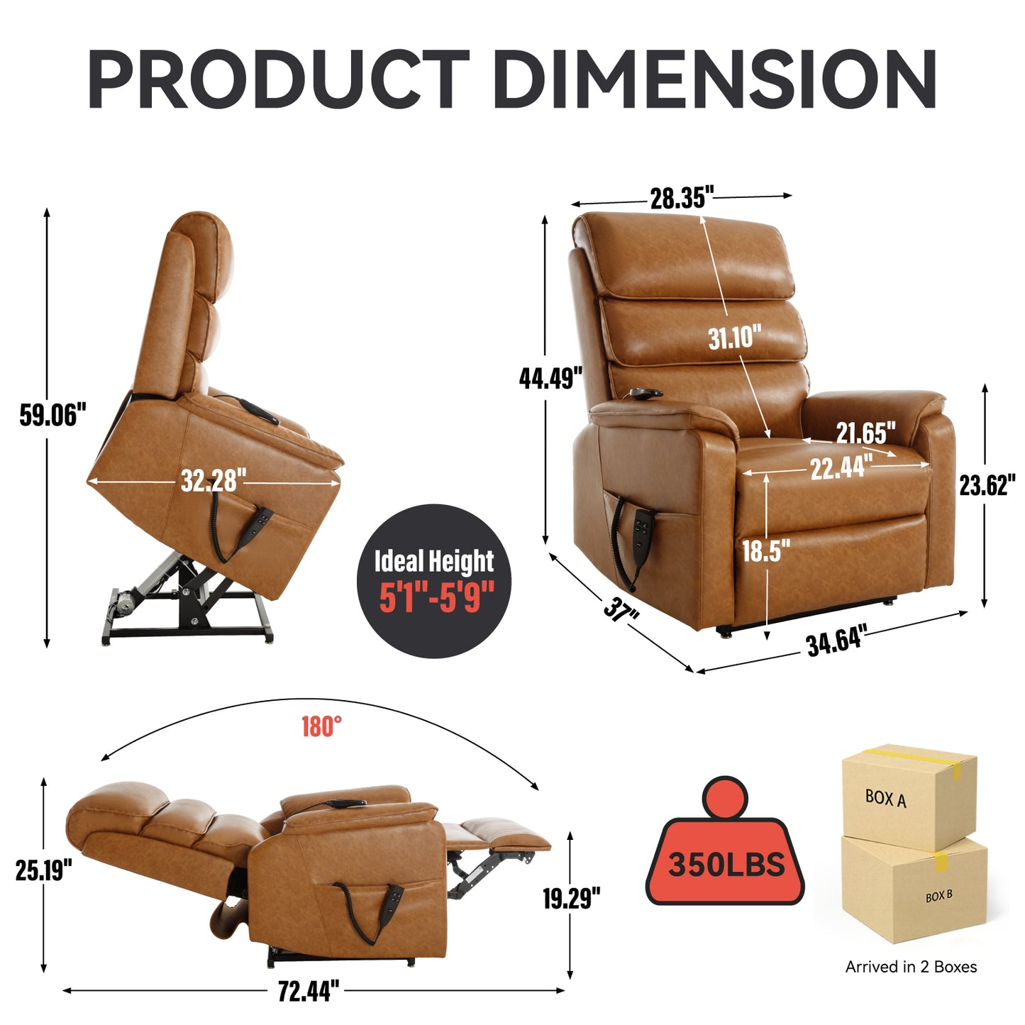 Yellow Brown Power Lift Recliner Chair - 36" Primary Living Space