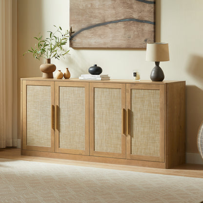 67" Rattan 4-Door Buffet Cabinet, Boho Sideboard, Large Credenza Sideboard Buffet for Living Room, Hallway and Kitchen, Caramel Oak, 67''W x 15.75''D x 31.5''H.