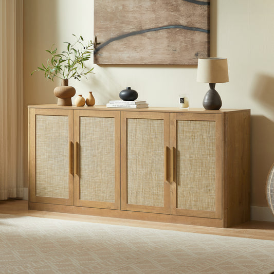 67" Rattan 4-Door Buffet Cabinet, Boho Sideboard, Large Credenza Sideboard Buffet for Living Room, Hallway and Kitchen, Caramel Oak, 67''W x 15.75''D x 31.5''H.