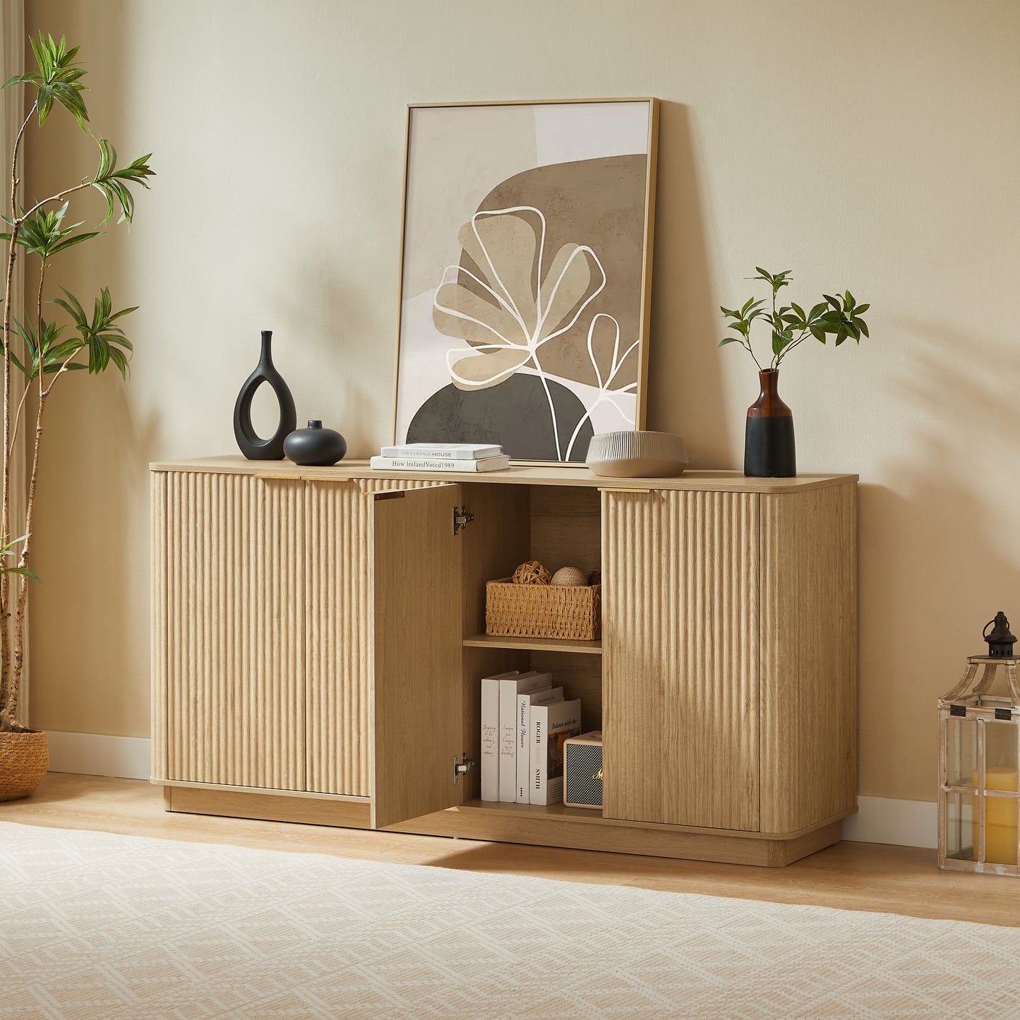 63" Vertical Stripe Buffet Cabinet Sideboard with stoarge, Curved wave Design, TV Stand, for Bedroom, Living Room, Hallway, Oak,63''W x 15.75''D x 31.5''H.