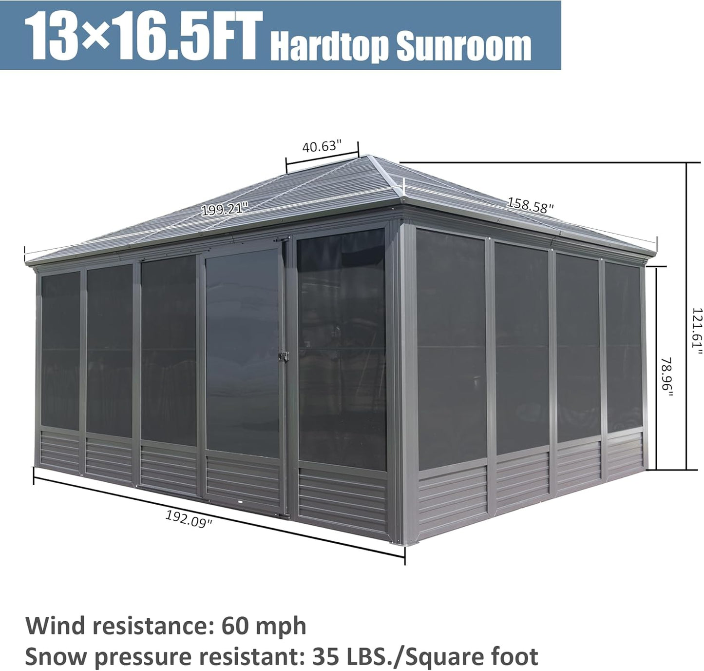 13.5ft Gray Aluminum Sunroom - Four Season Gazebo for Patio