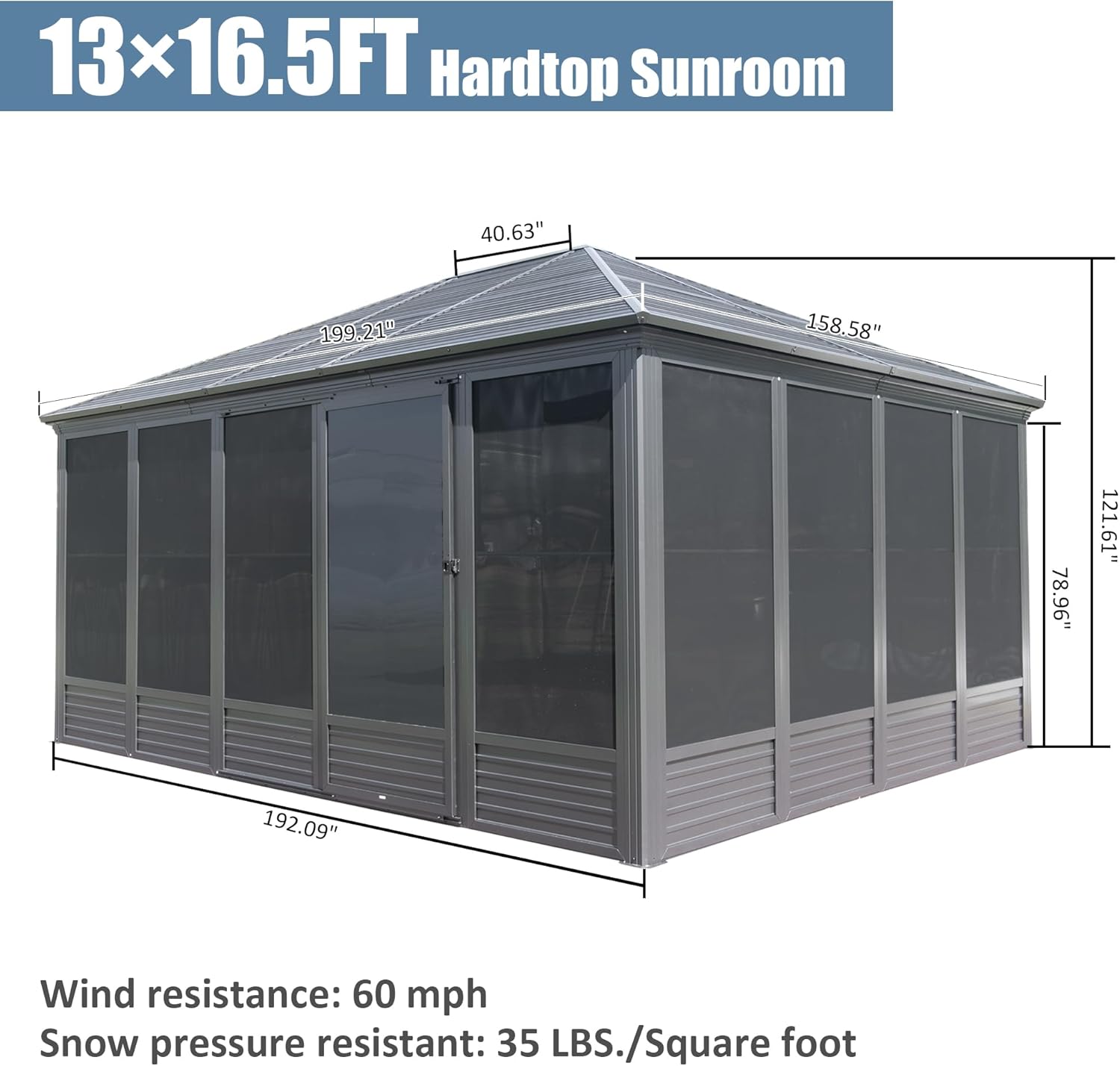 13.5ft Gray Aluminum Sunroom - Four Season Gazebo for Patio