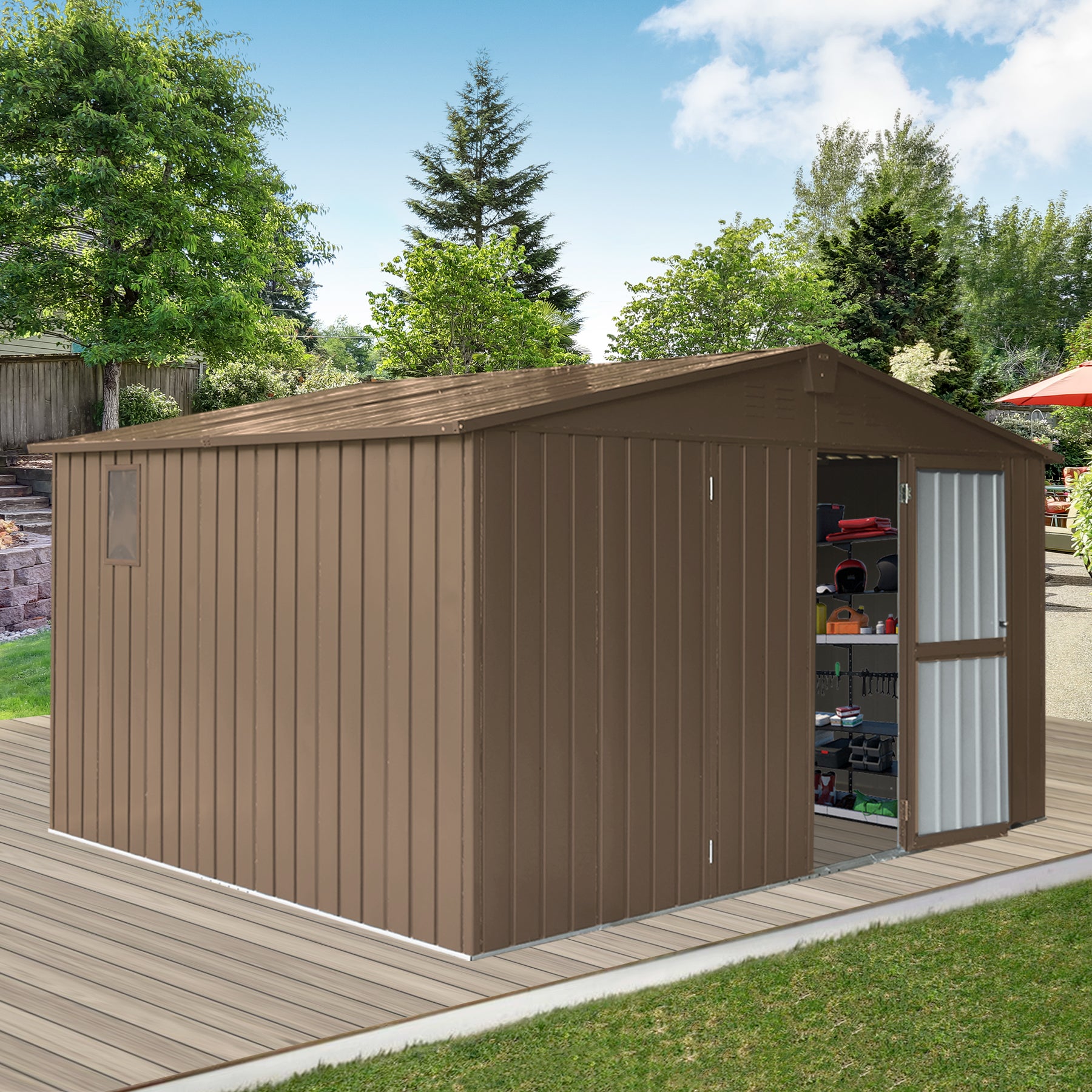 Brown Metal Garden Storage Shed 140x110 for Backyard Tools