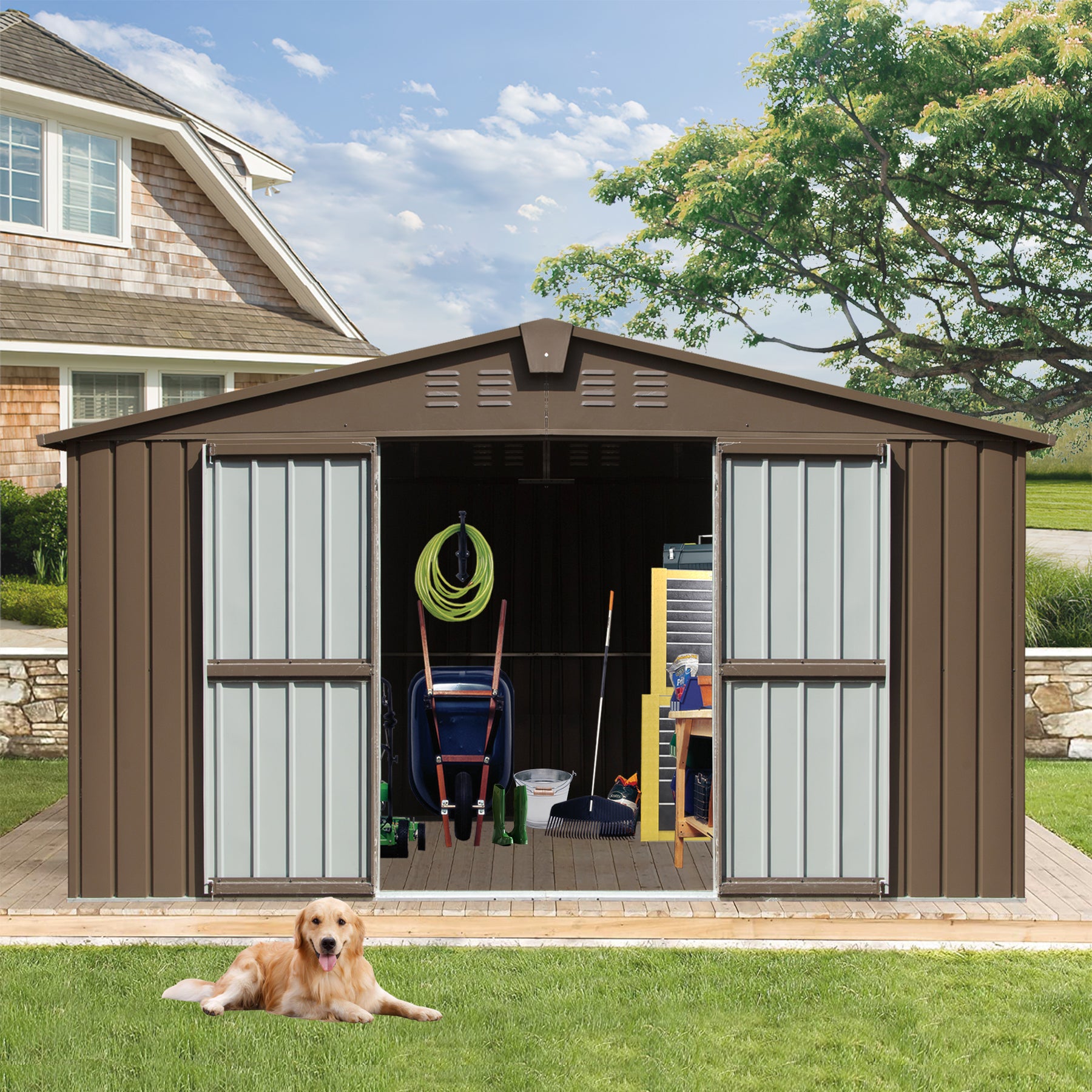 Brown Metal Garden Storage Shed 140x110 for Backyard Tools