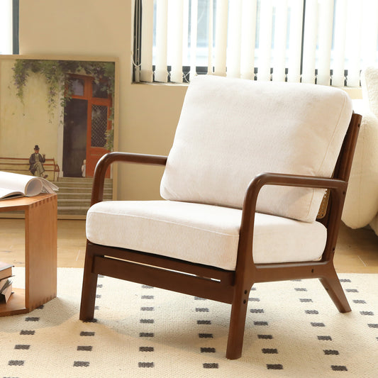 Cute Accent Chair with Solid Wood Legs, Living Room Chair with Soft Fabric Cushion, Cozy Bedroom Chair, Comfy Armchair Reading Chair for Apartment, Waiting Room, Balcony (White)