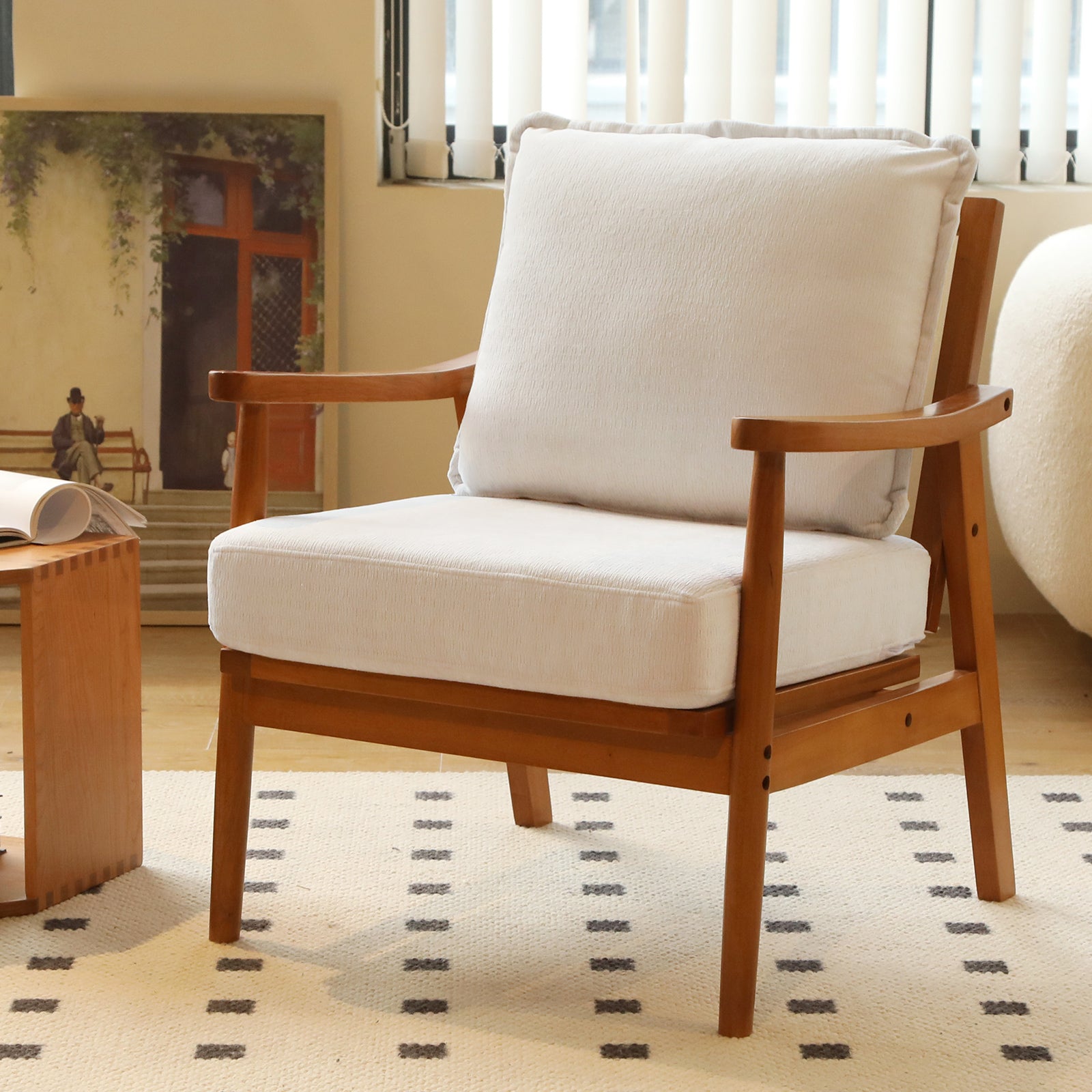 Cute Accent Chair with Solid Wood Frame, Living Room Chair with Soft Fabric Cushion, Cozy Bedroom Chair, Comfy Armchair Reading Chair for Apartment, Waiting Room, Balcony (White)