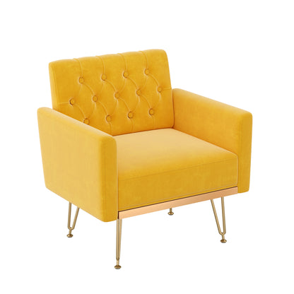Velvet Armchair Single Sofa Modern Tufted Upholstered Side Reading Chairs with Arm and Gold Metal Leg for Living Room Bedroom (Mustard)