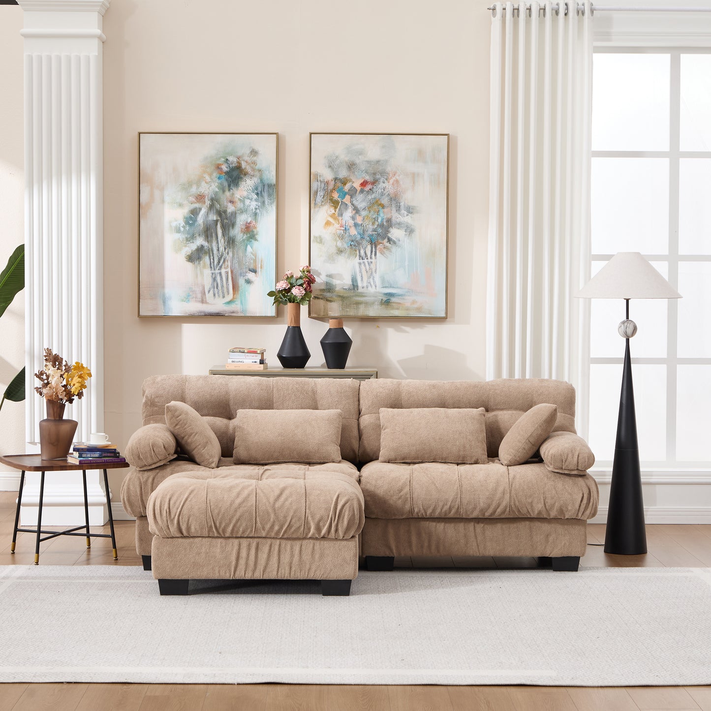Modular Sectional Sofa Cloud Couch, Deep Seat L Shaped Couch with Ottoman,Sofa Sectional Couches for Living Room, Comfy advanced flannelette Loveseat with 4 Pillows