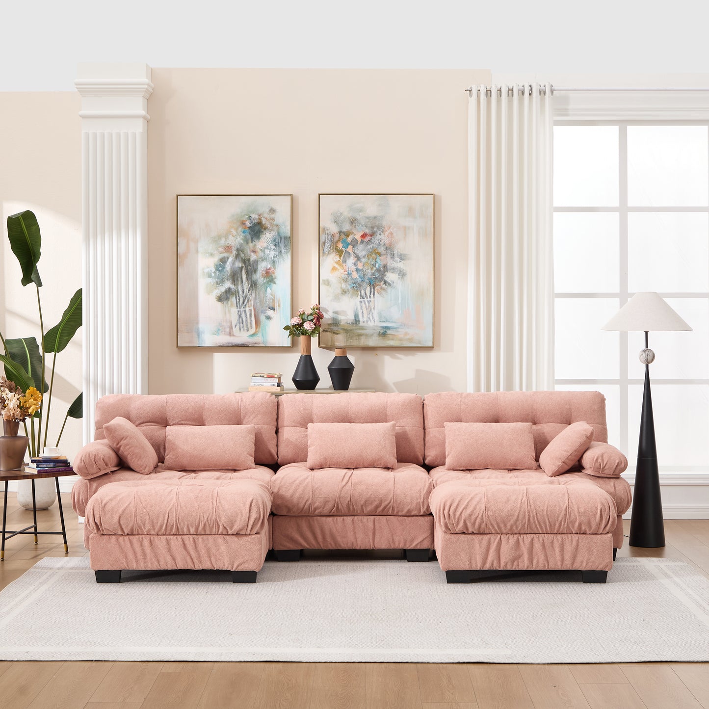 U Shaped Couch Modular Sectional Sofa, Modern Deep Seat Cloud Couch, 3-Seater Modular Couches for Living Room, Comfy advanced flannelette Sofa Bed with Round Armrests 5 Pillows,Sofas for Bedroom