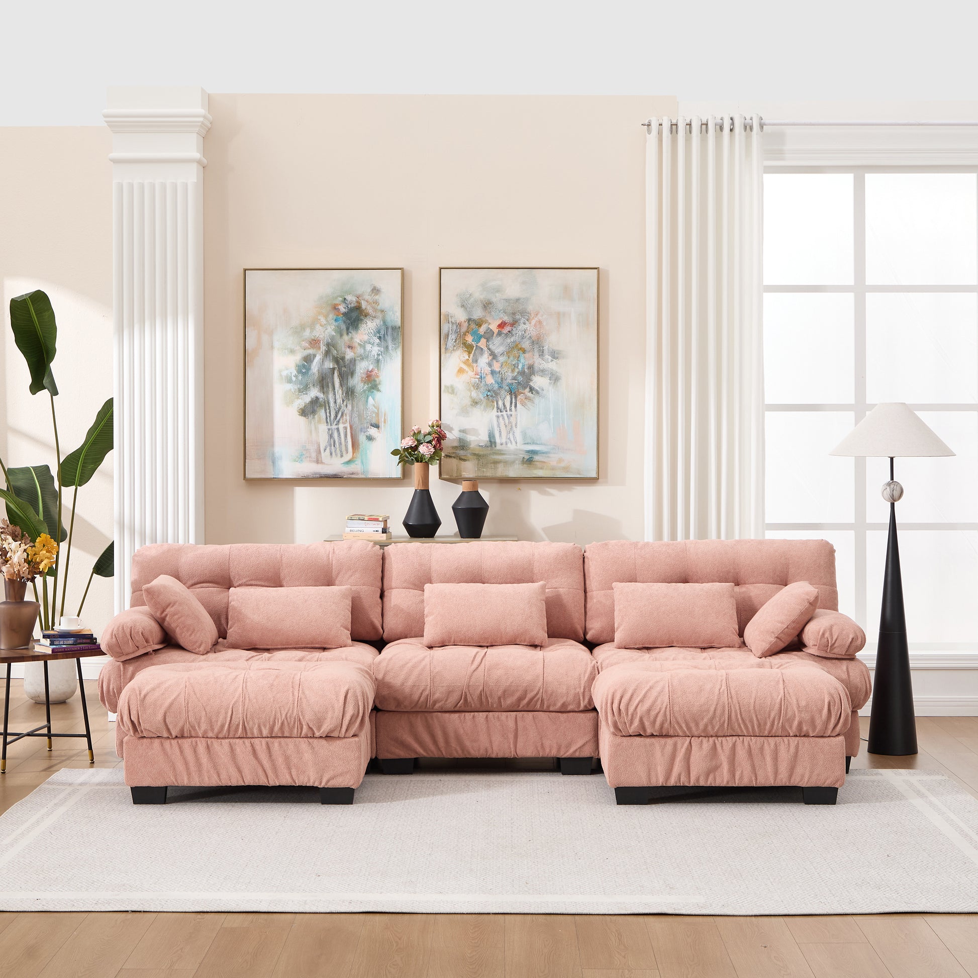 U Shaped Couch Modular Sectional Sofa, Modern Deep Seat Cloud Couch, 3-Seater Modular Couches for Living Room, Comfy advanced flannelette Sofa Bed with Round Armrests 5 Pillows,Sofas for Bedroom