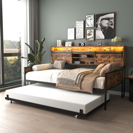 Black Brown Sofa Bed Daybed with Storage & Charging for Living Room