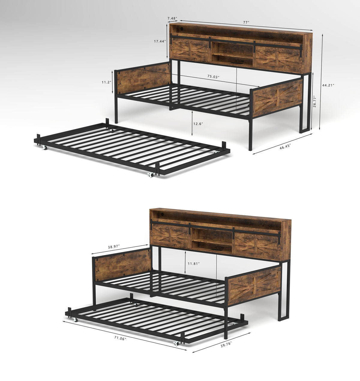 Black Brown Sofa Bed Daybed with Storage & Charging for Living Room