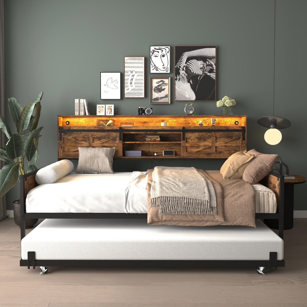 Black Brown Sofa Bed Daybed with Storage & Charging for Living Room