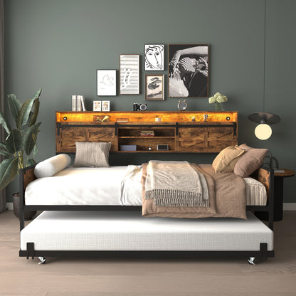 Black Brown Sofa Bed Daybed with Storage & Charging for Living Room