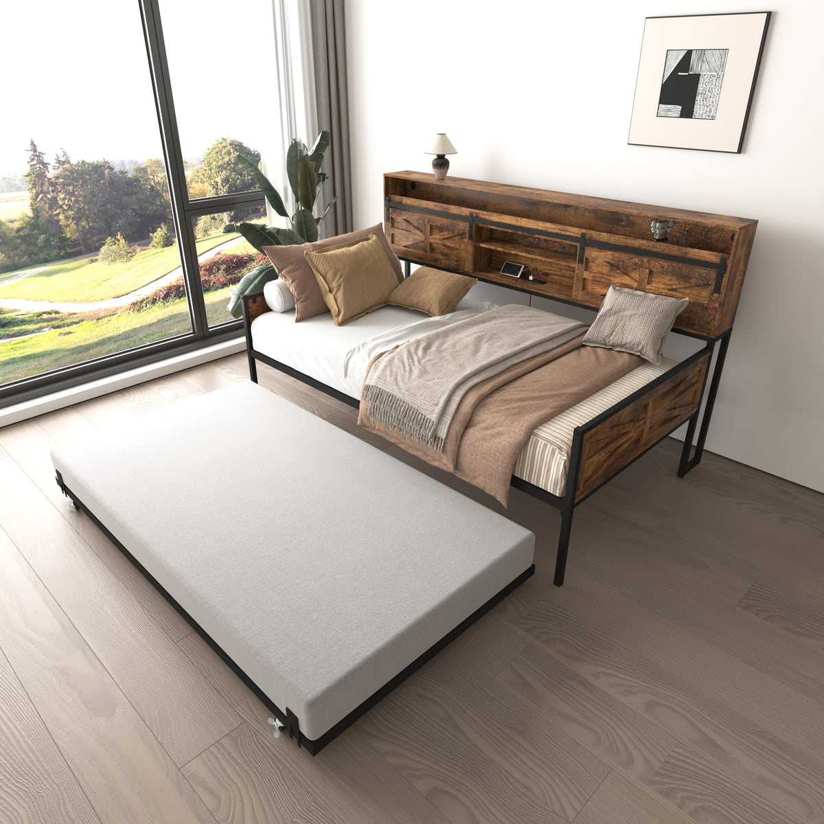 Black Brown Sofa Bed Daybed with Storage & Charging for Living Room