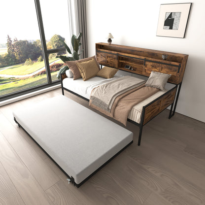 Black Brown Sofa Bed Daybed with Storage & Charging for Living Room