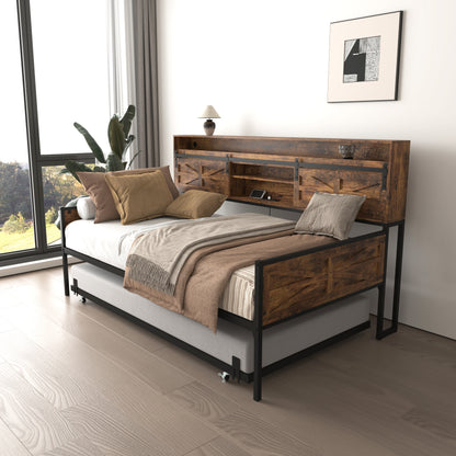 Black Brown Sofa Bed Daybed with Storage & Charging for Living Room