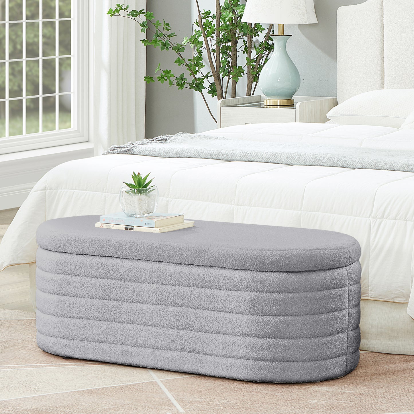 Modern Oval Storage Ottoman Bench, Upholstered Fabric End of Bed Storage Bench Aesthetic Large Foot of Bed Storage Bench for Bedroom Living Room Entryway