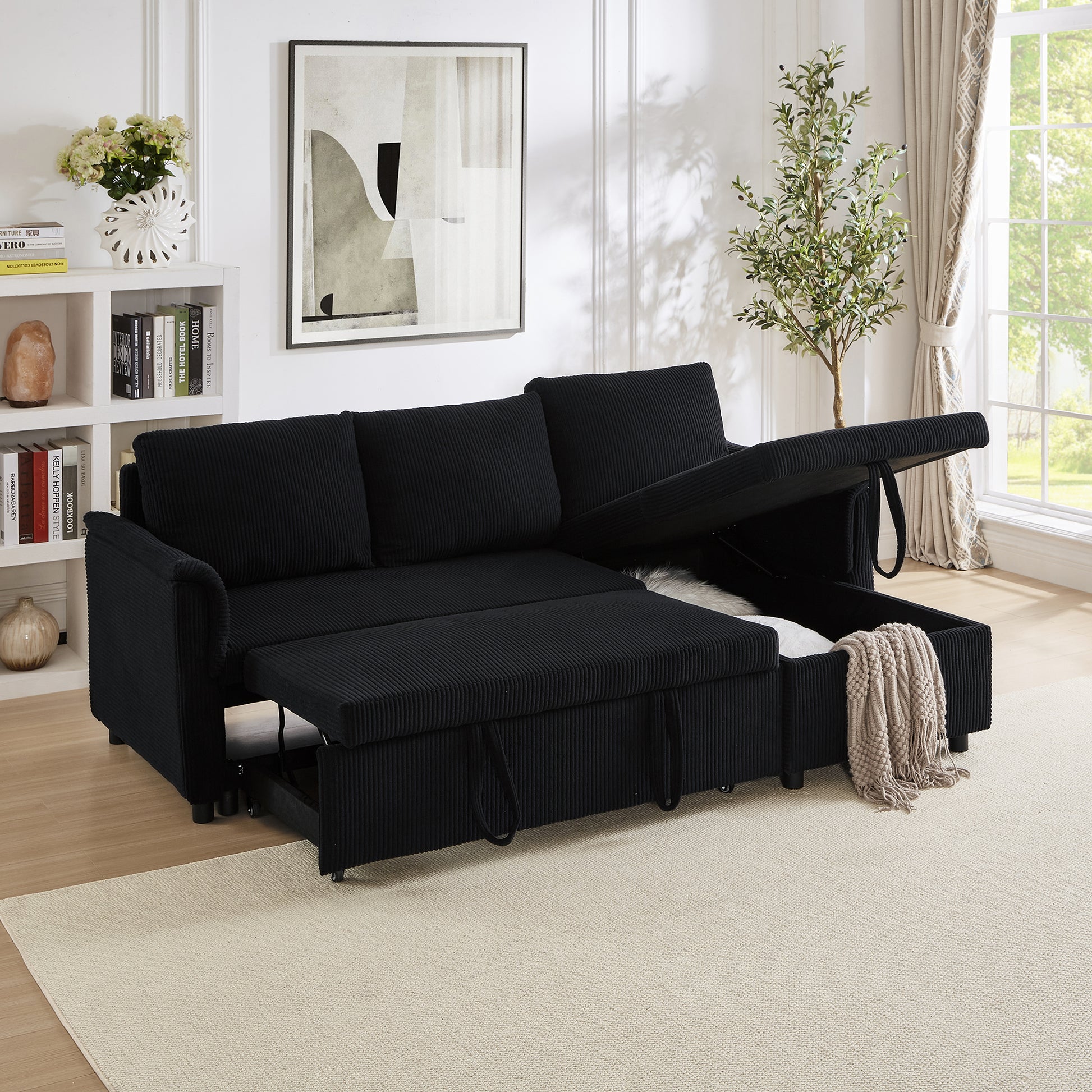Black Corduroy Loveseat Sofa with Chaise Lounge - Comfortable Modular Sleeper