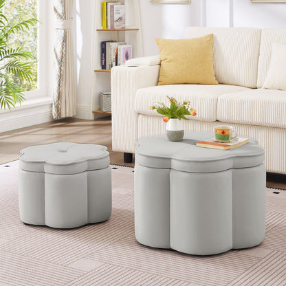 Set of 2 Ottoman with Storage,Flower Shape Petal Ottoman,Upholstered Velvet Storage Ottoman Bench,for for Living Room, Living Room and Entryway - Gray