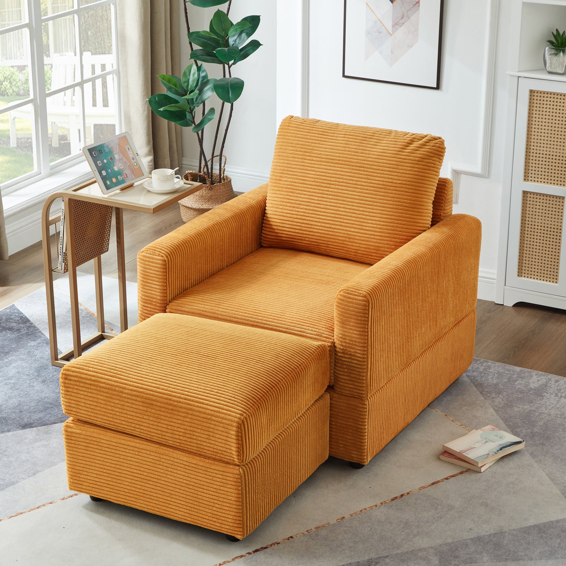 Yellow Corduroy Sectional Sofa - 57" Lounge Chair with Pillows for Living Room